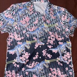 Dior Men's Black and Pink Floral Graphic Shirt